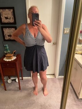 Flattering-Striped Blue & White bathing suit , solid blue bottom,